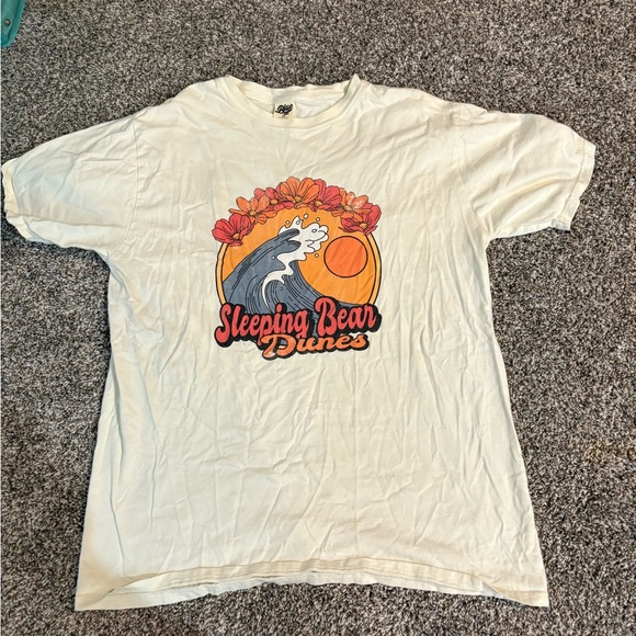 Blue 84 Tops - Cream Oversized  T-Shirt with Wave and Floral Design